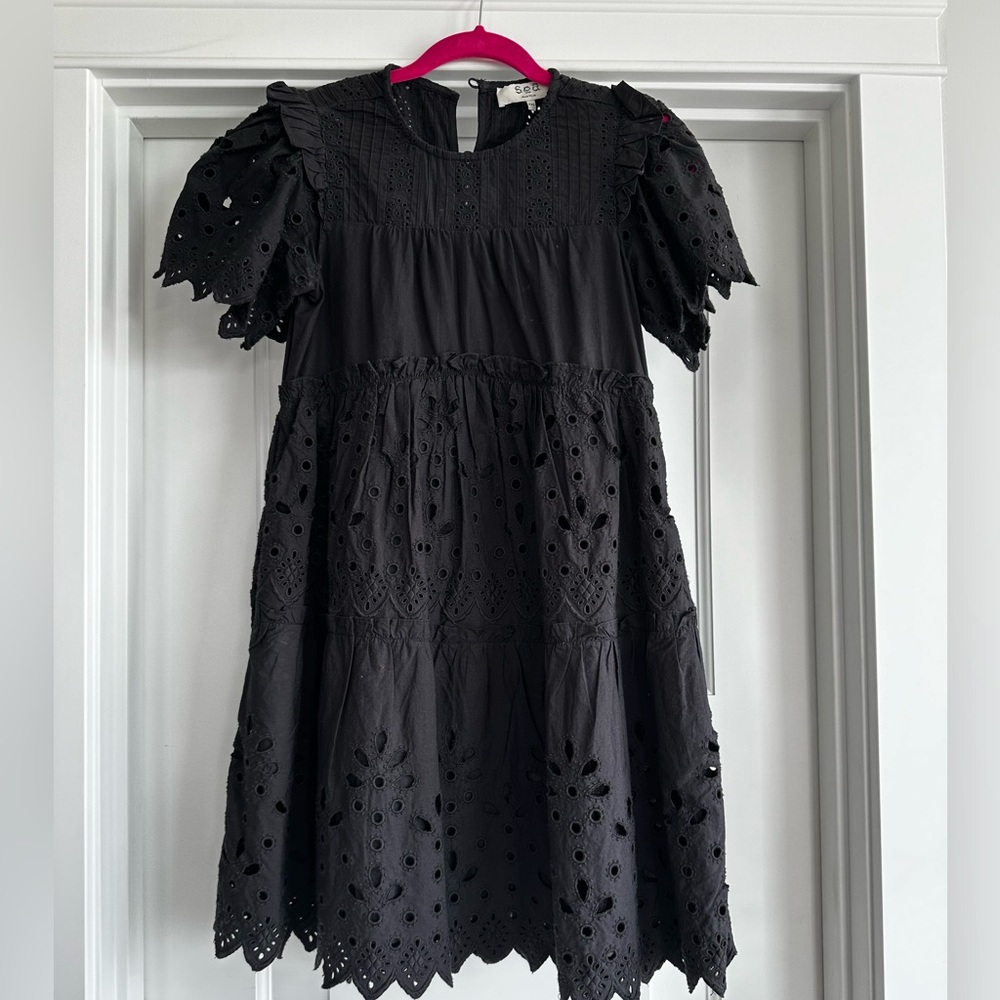 Sea New York Black Eyelet Midi Dress with Scalloped Sleeves